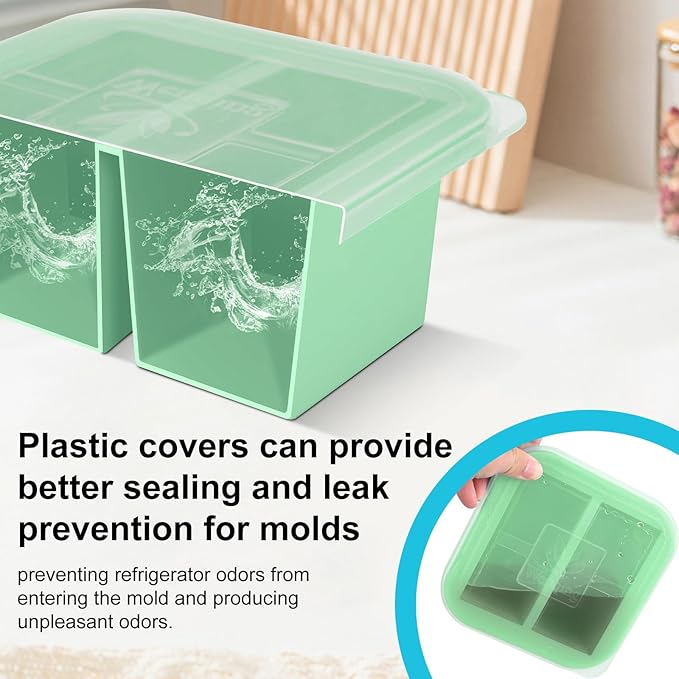 Silicone Freezer Tray with Lid 2 Pack Silicone Freezer Molds Ice Cube Tray Makes 4 Perfect 1 Cup Portions Soup Cubes Meal Prep Containers- Oven & Dishwasher Safe