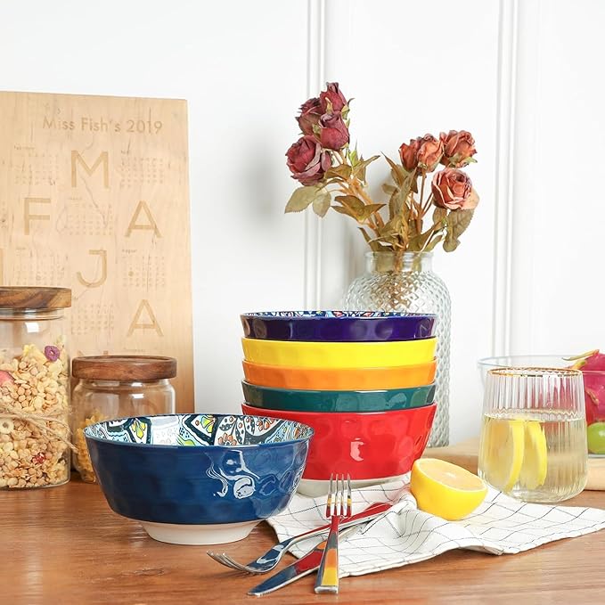 KitchenTour Cereal Bowls Set of 6, 26 oz Ceramic Soup Bowls for Kitchen, 6.4 Inch Colorful Serving Bowls for Oatmeal, Salad, Pasta, Dessert - Microwave & Dishwasher Safe