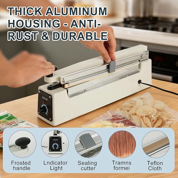 Impulse Heat Sealer with Sealing Bar: Heavy-Duty Bag Sealer with Extra Cutting Blade (White, 12-Inch)