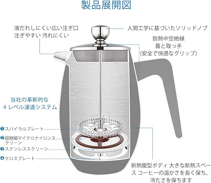 Easyworkz Nando French Press 34 oz Double Wall, Bundled with Retro Stainless Steel 10g Measuring Coffee Spoon, Silver