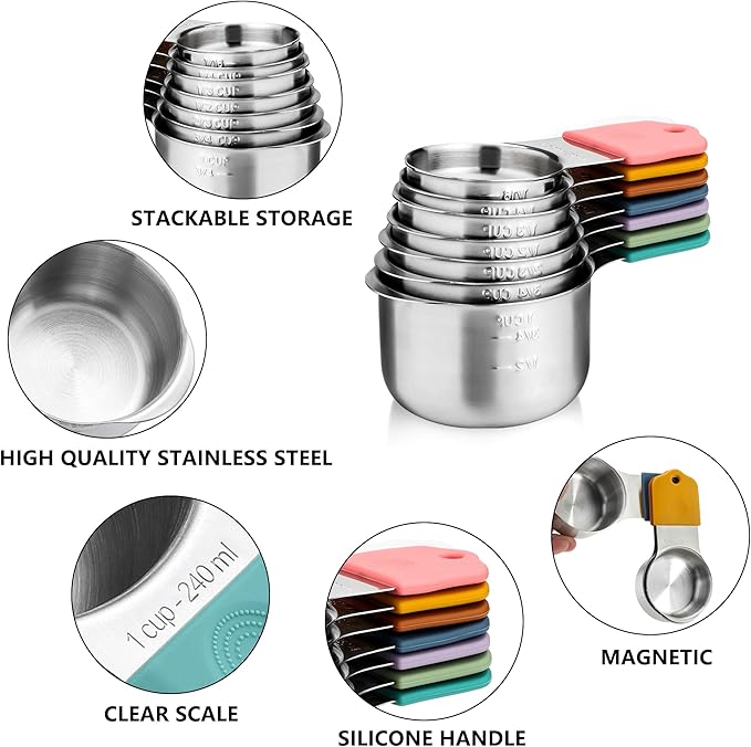 Magnetic Measuring Cups Set of 7 Stainless Steel Heavy Duty Stackable Measuring Cups for Dry and Liquid Ingredients