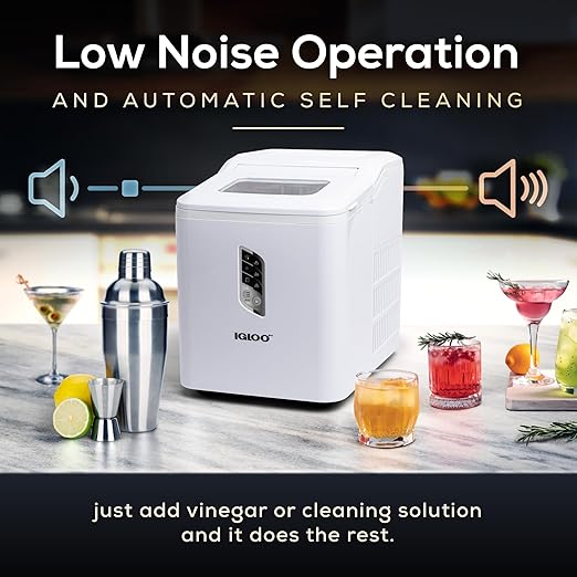 Igloo Portable Ice Maker with Scoop - Countertop Ice Maker with LED Control Panel & 1.5 Qt Water Tank - Ice Maker Produces 26 Lbs. of Ice in 24 Hours with 9 Large or Small Cubes in 7 Minutes- White