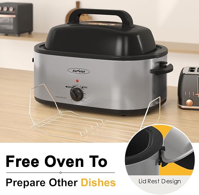 Sunvivi Roaster Oven, Electric Roaster Oven with Viewing Lid, 30lb 26-Quart Turkey Roaster with Unique Defrost/Warm Function, Large Roaster with Removable Pan & Rack, Stainless Steel, Silver