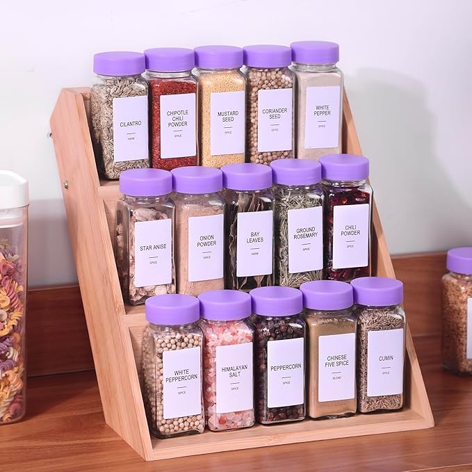 48 Glass Spice Jars with Labels, Spice Jar Set, 4oz Spice Containers, Seasoning Containers with Purple Airtight Lids and Shaker Lids, Square Empty Spice Bottles, 492 Labels, 1 Funnel