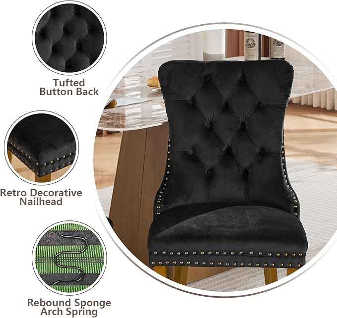 Velvet Dining Chairs Set of 6, Modern Tufted Dining Room Chair, Upholstered Dining Chairs with Lion Head Pulls Ring and Golden Solid Wood Legs, Luxury Kitchen Chairs for Dining Room, Black
