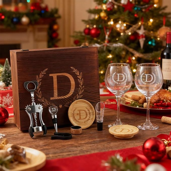 GZLDGIFTS Personalized Initial Wine Glasses Box Gift Set For Women Mom Engraved Birthday Monogrammed Wooden Christmas Gifts Wedding Anniversary Wine Couples Stopper Opener Initial Letterr (D Set)