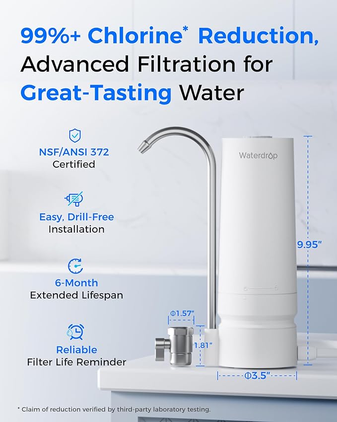 Waterdrop CTF-05 Water Filter for Sink Faucet, Countertop Water Filter System and Filter Life Reminder, Reduces Heavy Metals, Bad Odor, and 99% Chlorine, 8000 Gallons, 1 Filter