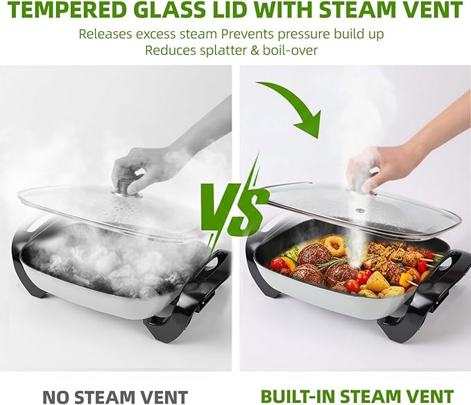 12'' Ceramic Nonstick Electric Skillet with Tempered Vented Glass Lid, Scratch-Resistant Surface, Cool-Touch Handles, Removable Easy-to-Clean, 120V 1200W 60Hz, Green