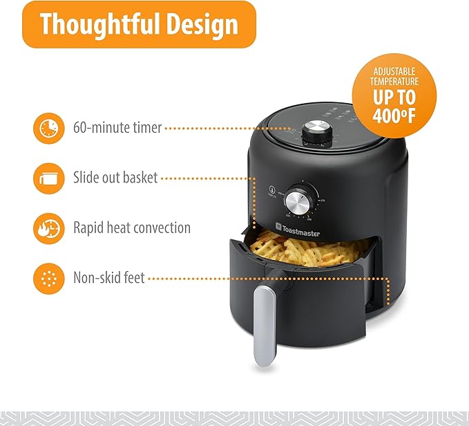 Toastmaster 2.6L Air Fryer - Instant Air Fryer with 2.75 Quart Capacity - Kitchen Appliance for Healthy Cooking - Compact Appliance with Slide-Out Basket - Oil-Free Kitchen Gadget