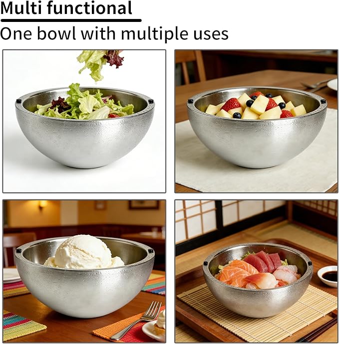 Dip Chiller Bowl 1 Pack- 70 OZ Large Capacity, Frozen Ice Stainless Steel Insulated Party Serving Bowl, Salad Pod for Parties Salsa, Guacamole, Condiments, Sauces, Keeps Food Hot or Cold (1)
