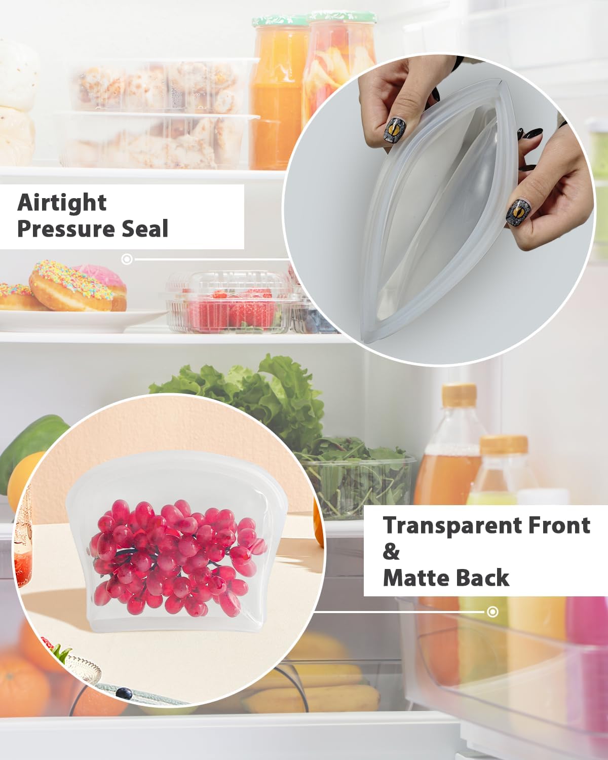 Reusable Silicone Storage Bag, 8Pack Pocket, Snack, and Sandwich Bag, Endurables Seal-Top Silicone Bags for Food Storage, Freezer, Microwave, Oven, Dishwasher Safe (Clear & Mint Green)
