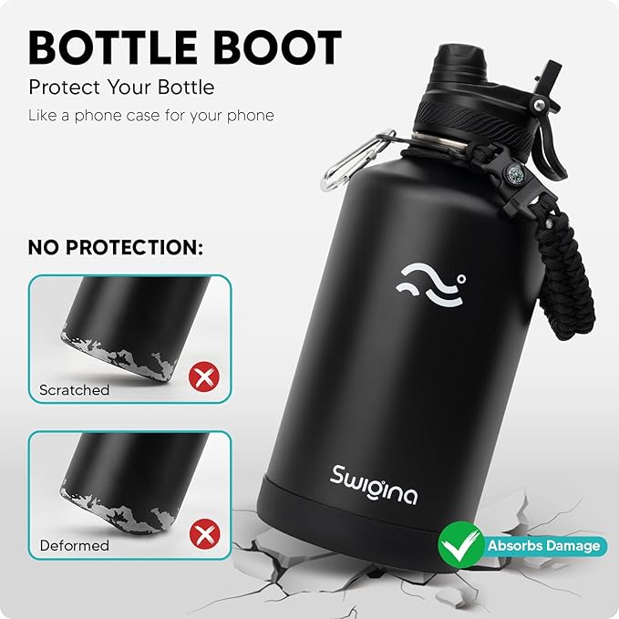 Swigina [2-IN-1 LID] 64 oz Insulated Water Bottle with Silicone Boot (48hrs Cold/24hrs Hot) - DIY Stickers, Leakproof, BPA Free, Half Gallon