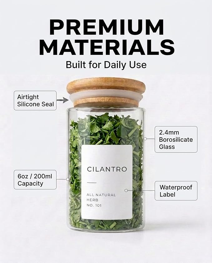 Bloomondo Empty Spice Jars with Label Pack (12x Bamboo Lid Glass Jar). Small 6oz Spice Storage Bottles with 112 Printed Stickers and 48 Writable Pantry Labels for Seasoning Containers
