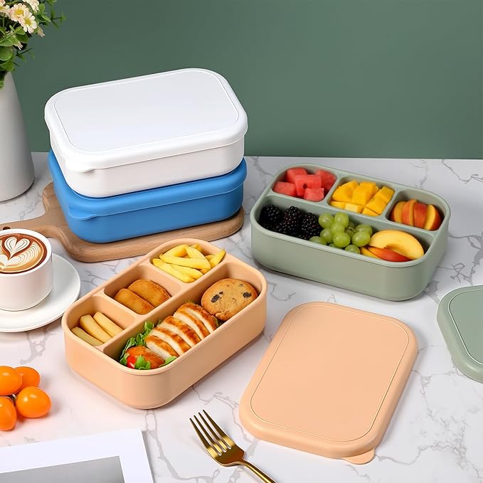 Potchen 4 Pcs Large 7.6x5x2 Inches Silicone Bento Box Reusable Lunch Container Leakproof Snack Meal Boxes for Work Travel Food Storage Microwave Dishwasher Freezer Safe 4 Compartment(Brilliant Color)