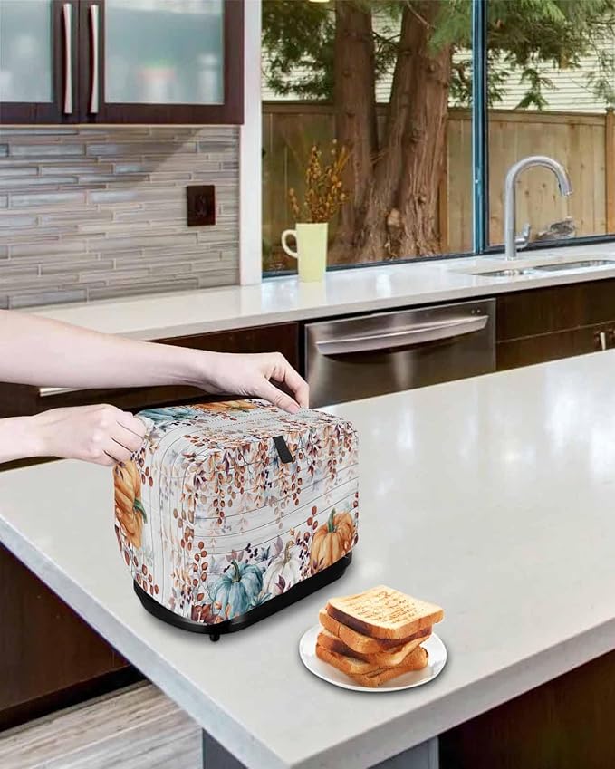 Orange Blue Pumpkins Fall Toaster Cover 2 Slice, Thanksgiving Eucalyptus Dustproof Bakeware Oven Protector with Top Hook, Gray Wooden Waterproof Small Kitchen Appliance Toasters Dust Cover, 11"x6"x8"