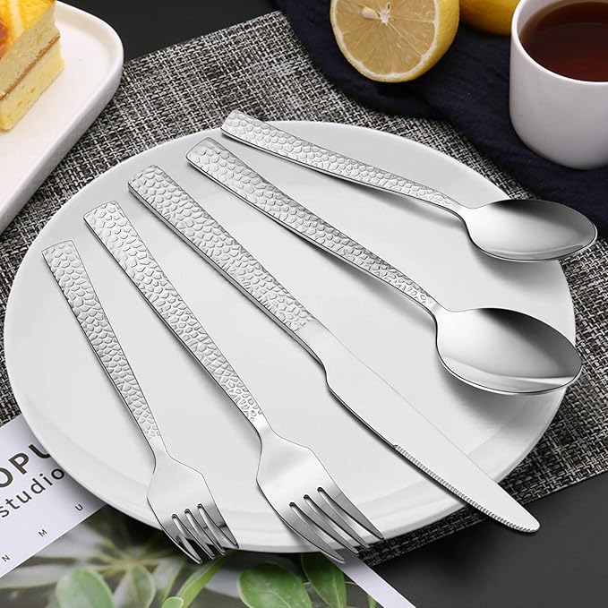 E-far 80-Piece Hammered Silverware Set, Stainless Steel Square Flatware Set Service for 16, Tableware Cutlery Set Includes Forks Spoons Knives, Modern Design & Mirror Polished - Dishwasher Safe