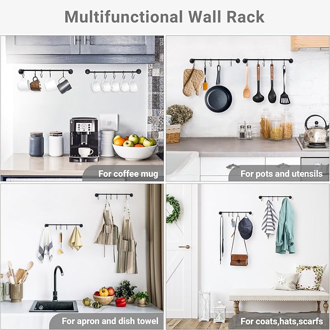 Mkono Mug Holder Wall Mounted Coffee Cup Rack Hanger Modern Metal with 5 Mug Hooks Rustic Utensil Tea Cups Storage Organizer for Kitchen Dining Room Coffee Bar,Black