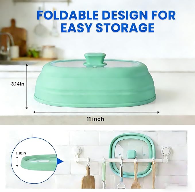 Microwave Splatter Glass Cover with Silicone Mat,Food Safe Collapsible Silicone Microwave Cover for Food with Vent Hole and Easy Grip Silicone Handle Knob,BPA Free,Dishwasher Safe (Green)