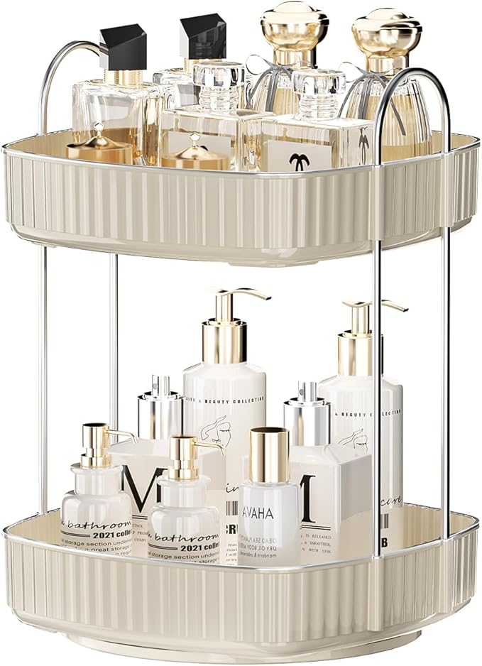 YCIA&DONE Rotating Makeup Organizer and Square Rotating Makeup Organizer White 2 Tier