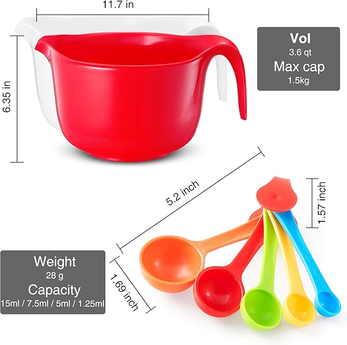 9 Pc Large Mixing Bowls with Handles, 3.6 qt - Plastic Nesting Bowls for Kitchen, Lightweight Batter Bowls, Easy to Clean (Includes: 4 Mixing Bowls + 5 Measuring Spoons Set)