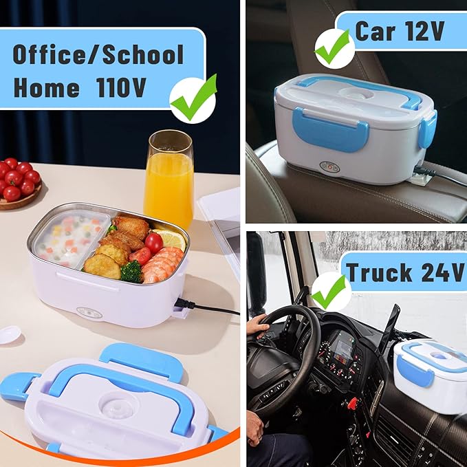 Electric Lunch Box 2 In 1 Food Heater 12V 24V 110V Portable Food Warmer for Car and Home Removable Stainless Steel Heated Bento Box (Pink)