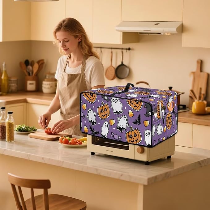Air Fryer Toaster Oven Cover with Side Pockets, Protective Electrical Appliance Cover Kitchen Countertop Accessories, S, Ghost Pumpkin Bat Candy Violet Halloween Decor