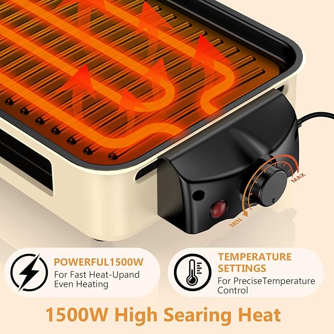 Electric Indoor Grill 1500W -2 in 1 Smokeless Indoor Grill for Kitchen with Non-stick Removable Grill & Griddle Plate,Temperature Control Korean BBQ Grill with 3 Cheese Pans Dishwasher Safe