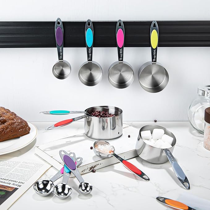 Magnetic Measuring Cups and Spoons Set, 12 Piece Stainless Steel Measuring Cups and Spoons Set, Nesting Kitchen Gadgets with Removable Clasp for Cooking & Baking (Colorful)