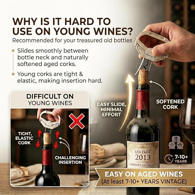 Professional Wine Opener for Vintage Bottles - Hybrid Corkscrew & Ah-So Cork Puller Set, 304 Stainless Steel Two-Prong Remover for Fragile Old Corks, Recognized by Sommeliers