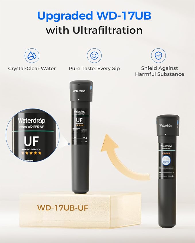 Waterdrop 17UB-UF 0.01 μm Ultra Filtration Under Sink Water Filter System, 3 Years, Reduces Lead, Chlorine, Bad Taste & Odor, with Dedicated Brushed Nickel Faucet
