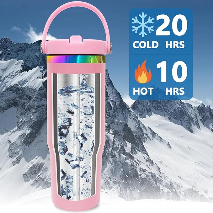 30 oz Tumbler Bulk with Handle and Straw, Vacuum Insulated Tumblers with Flip Straw and Top Handle, Leakproof Powder Coated Tumbler, Stainless Steel Travel Mug for Coffee Water (Pink, 8 Pack)