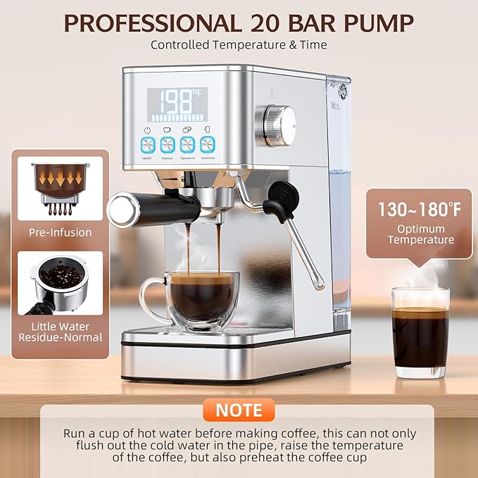 Espresso Machine 20 Bar, Stainless Compact Espresso Maker with Steam Milk Frother, 57.5OZ Water Tank, Touch Screen Indicator of Making Time, for Latte, Cappuccino, Silver Give to Family 2026