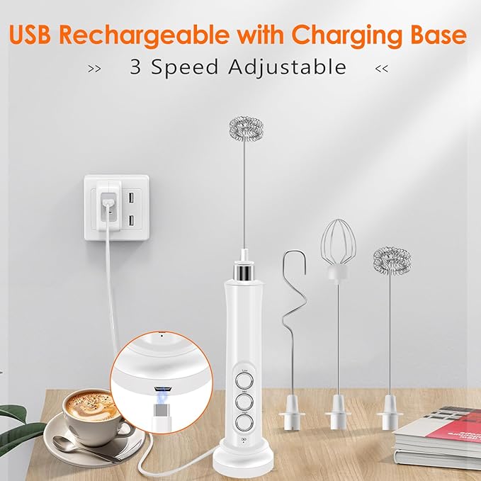 Rechargeable Milk Frother Handheld with 3 Detachable Stainless Steel Whisks, 3 Speed Adjustable Electric Whisk Foam Maker, Handheld Drink Mixer, Frother Wand for Coffee, with Storage and Charging Base