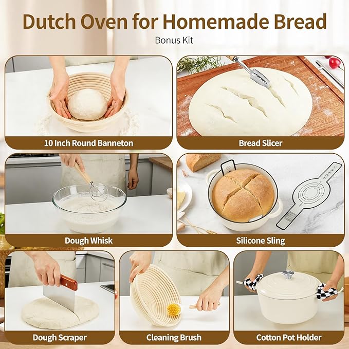 Enameled Cast Iron Dutch Oven with Lid -6.5 QT, incl. Sourdough Bread-Baking Supplies like Banneton Proofing Basket, Heavy Duty Cookware Bread-Oven for Baking, Stews, and Roasting, Cream White