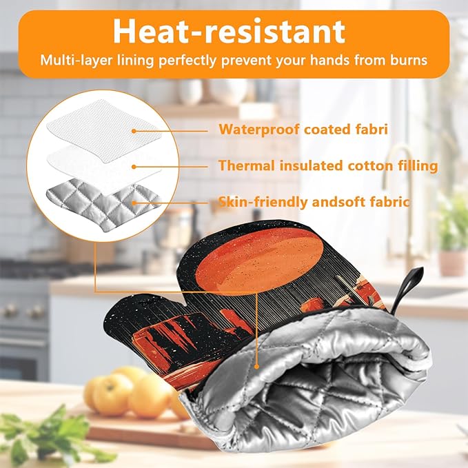Sunset Western Oven Mitts and Pot Holders Sets 4Pcs Silicone Non-Slip Mitts Heat Resistant Gloves Hot Pads for Kitchen Cooking Baking Grilling BBQ
