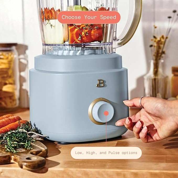 Beautiful by Drew Barrymore 10-Cup Food Processor, 500-Watts, Variable Speed, Pulse, 3" Wide Feed Tube, Stainless Steel Blades, Dishwasher Safe, Large Bowl, Accessories Included (Cornflower Blue)