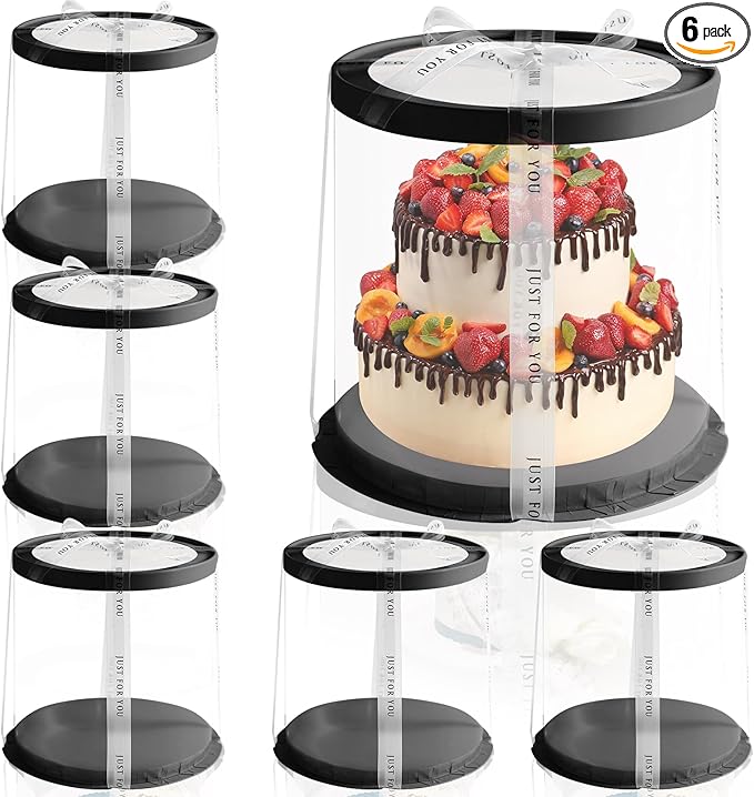 JCD 6Pcs 8.5 * 9.5inch Round clear cake boxes with Ribbon,Ideal for 7inch and 6inch Tall Layer Tiered Cakes,Multi-Layer cake boxes for Christmas Bakery Treat (Black, Round 8.5inch/6pcs)