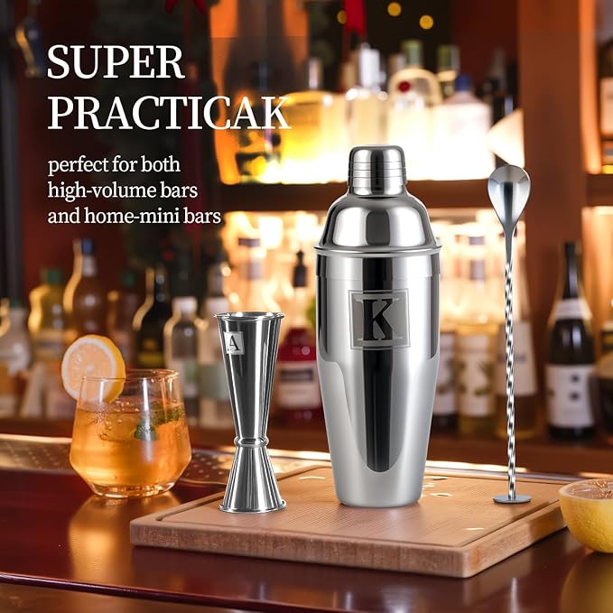 24oz Cocktail Shaker Set with 1 oz 2oz Jigger - Monogramm Initials Martini Shaker Set - 304 Stainless Steel Bar Shaker for Margarita,Mojito-Personalized Gift for Friend,Husband-I