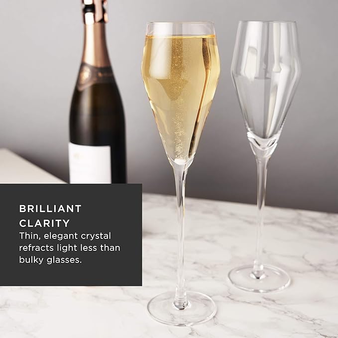 Viski Angled Prosecco Sparkling Wine Glasses, Crystal Clear Long Stemmed Champagne Glasses Gift Set, Sleek Glassware for Wedding Gifts, Housewarming, Dinner Party, Home Bar, 8 oz, Set of 2