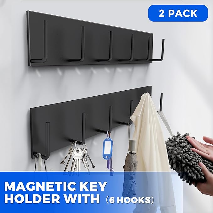 2Pcs Magnetic Key Holder Wall Mount, Magnetic Key Rack Hanger With 6 Hooks For Metal Front Door, Magnetic Utensil Holder For Fridge, Strong Magnet Hanger Hook For Hanging Purse Kitchen Grill Tool Coat