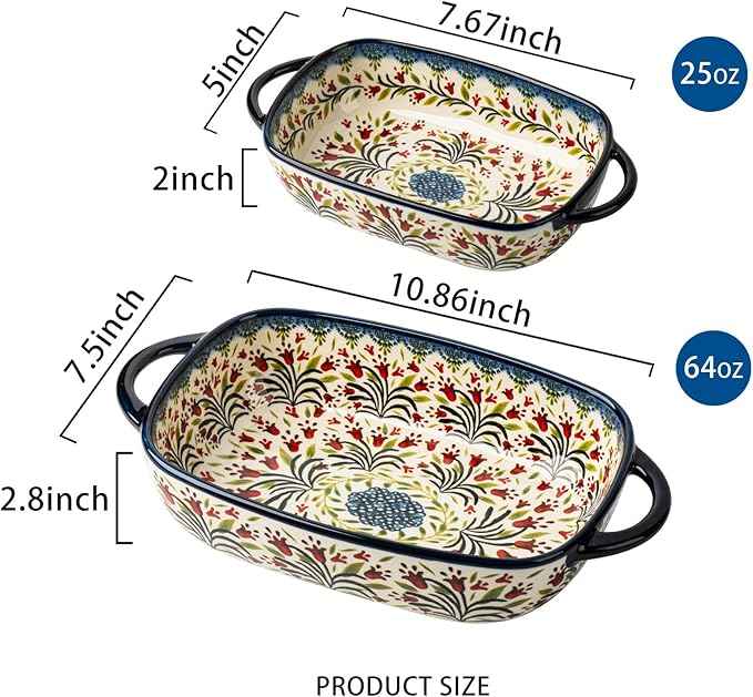 Baking Dish Ceramic Baking Pan Blue Casserole Dish Rectangular Baking Set 2pcs Bakeware Sets Single Serving Size Lasagna Pan Baking Dishes for oven (The tulip)