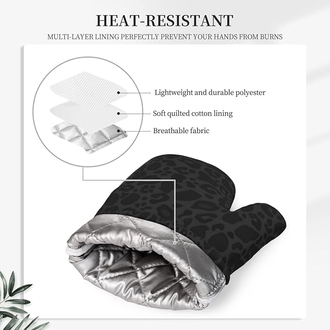 Black Leopard Oven Mitts and Pot Holders Sets Silicone Leopard Print Kitchen Oven Mitts Hot Pads Heat Resistant Cheetah Print Potholders Kitchen Mitts Set for Baking BBQ Cooking