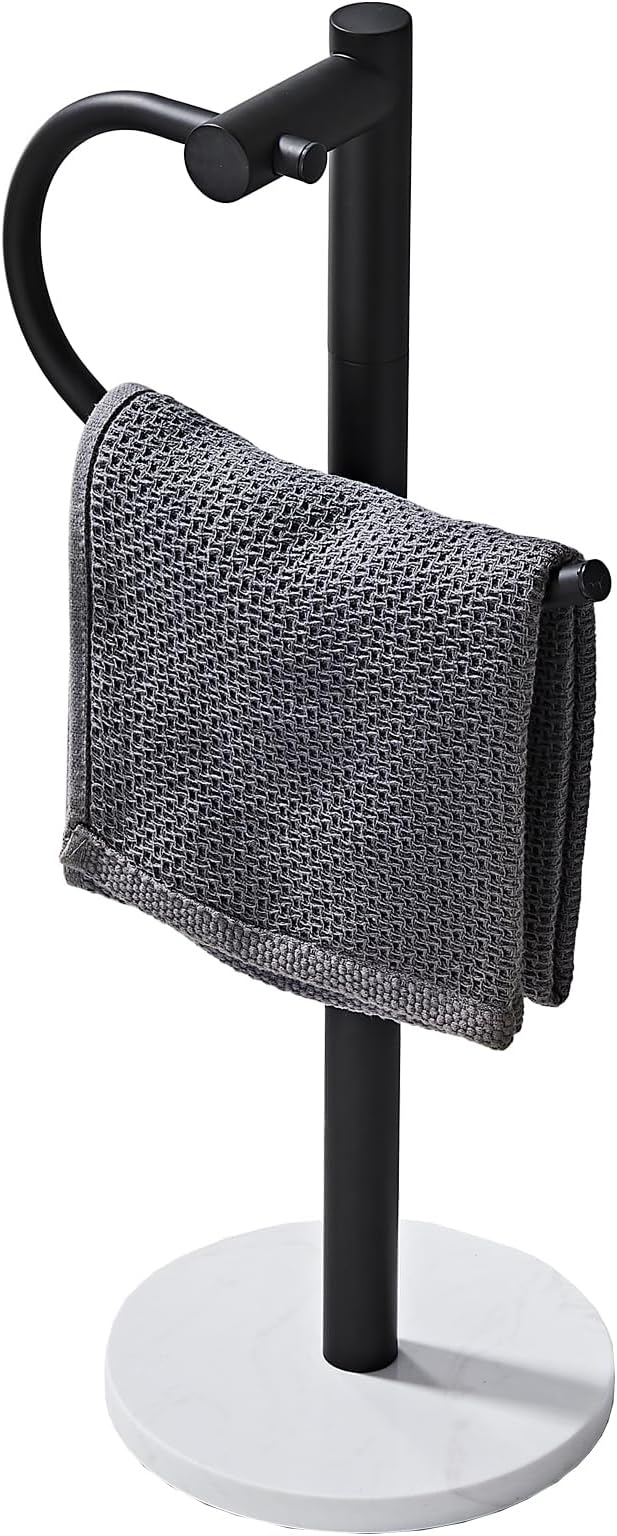 19 Inch Modern Hand Towel Holder Stand with Marble Base, Black Metal, Freestanding Bathroom Counter Towel Rack