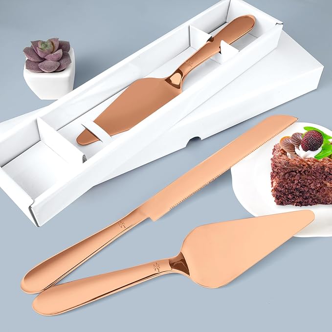 Wedding Cake Knife and Server Set, Integral Stainless Steel Longer Cake Cutter and Wider Pie Spatula, Elegant Cake Cutting Serving Set for Party Birthday Bridal Shower Set of 2, Rose Gold