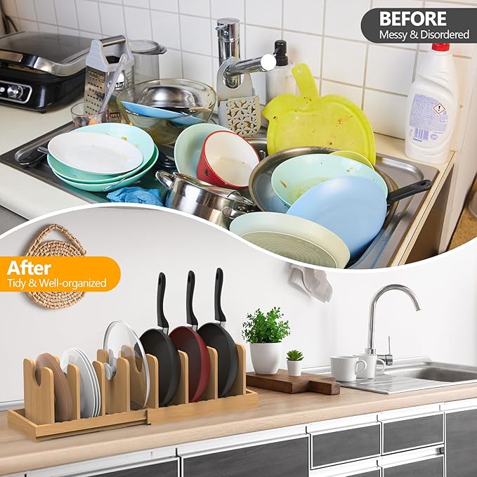 Expandable Pot Lid Organizer, Bamboo Pot and Pan Organizer for Under Cabinet, 16" to 28" Adjustable Length and 10 Dividers