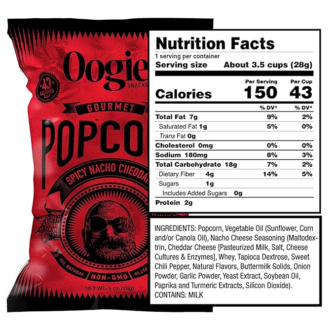 Oogie's Gourmet Popcorn | 20 Pack | Spicy Nacho Cheddar Flavor | Gluten Free Popcorn Snacks | 1oz Individual Bags