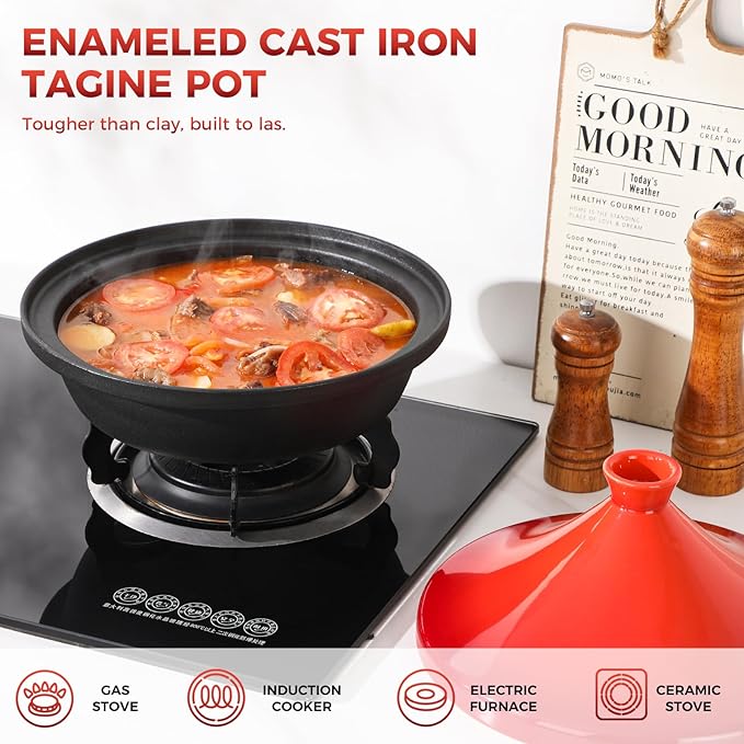 Moroccan Tagine for Cooking: Enameled Cast Iron Cooking Pot, Slow Cooker, Classic Kitchen Cookware, Tajine with Ceramic Cone-Shaped Closed Lid, 3.3 QT, Orange
