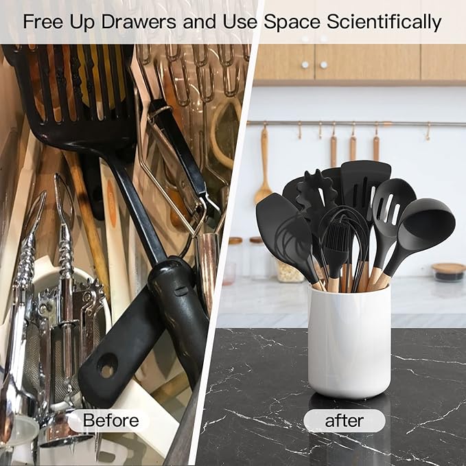 White Large Utensil Holder for Kitchen Counter, High 7.2” Glossy Ceramic Utensils Crock for Countertop, Spatula Cooking Utensil Holder Easy to Clean for Farmhouse 7.2×5.8 INCH