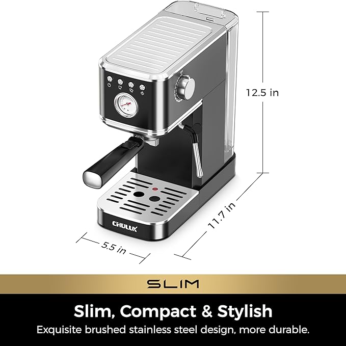 CHULUX Slim Espresso Machine with Milk Frother, 20 Bar Professional Italian Pump Espresso Coffee Machine for Home Cappuccino & Latte Maker, Stainless Steel, Black