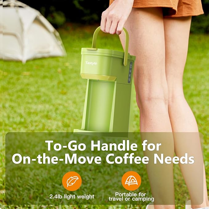 Tastyle Single Serve One Cup Coffee Maker, for K Cups and Grounds, Mini Coffee Maker with Portable Handle, 6 to 12 Oz Brew Size, for Travel, Camping, Office, RV and Dorm, 120V, Lime Green